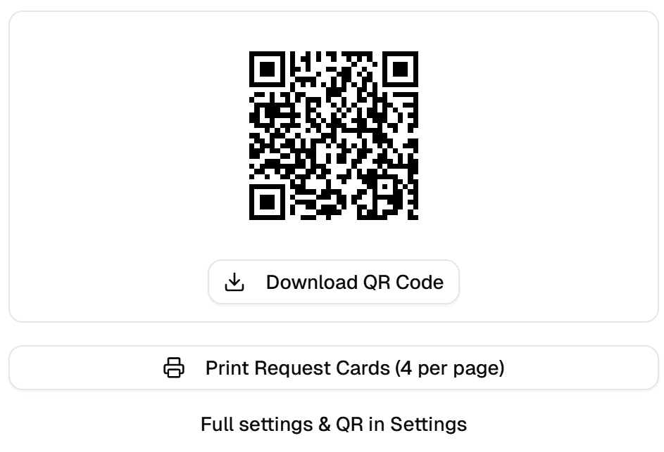 Share request form page with QR code and print button