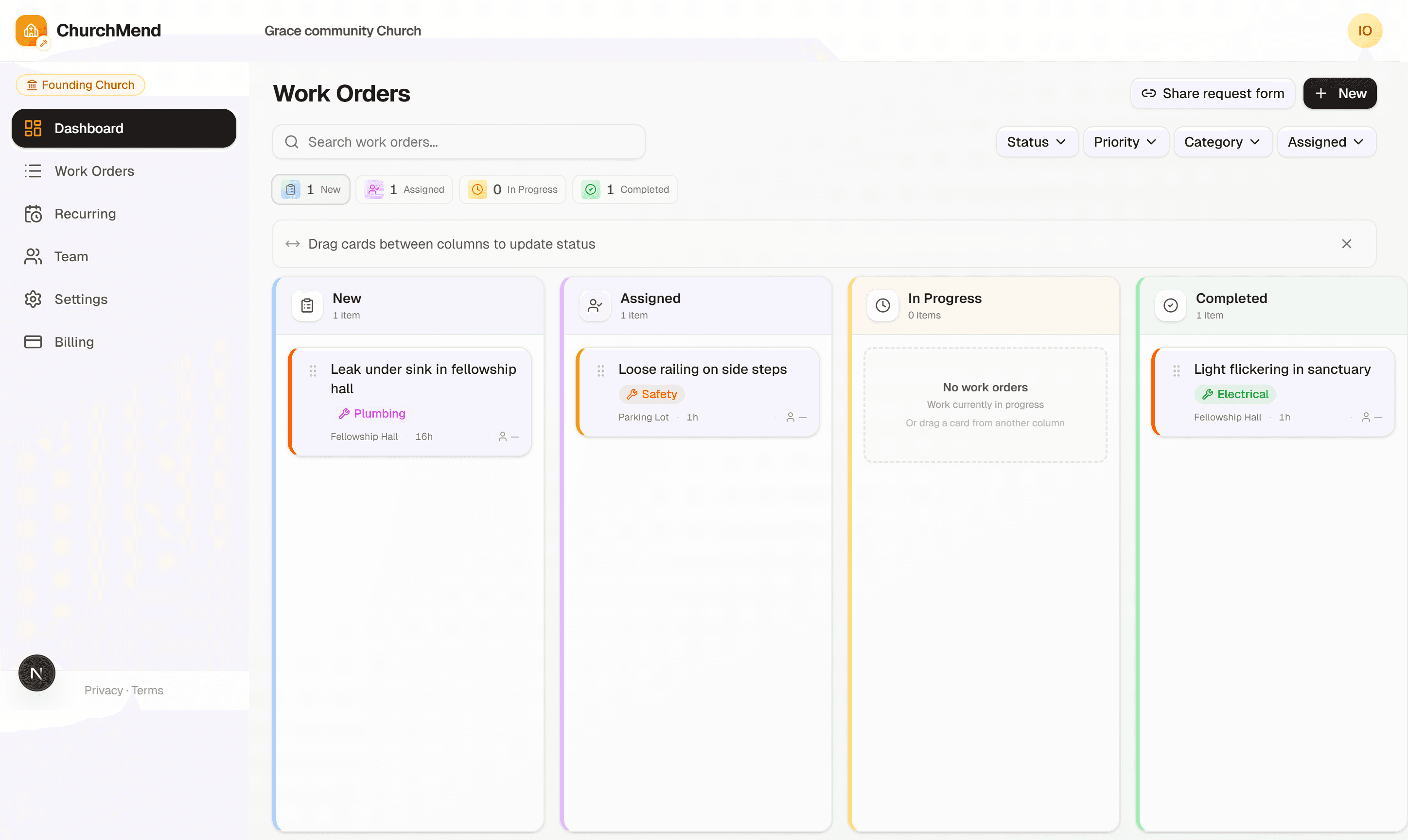Work order dashboard with requests